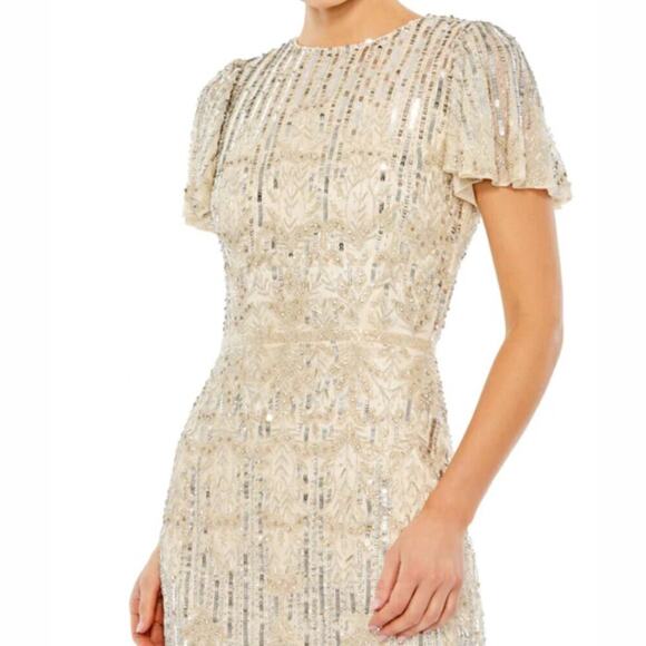 Mac Duggal Nude Silver Embellished Flutter Sleeve High Neck Dress 6 - Picture 13 of 13